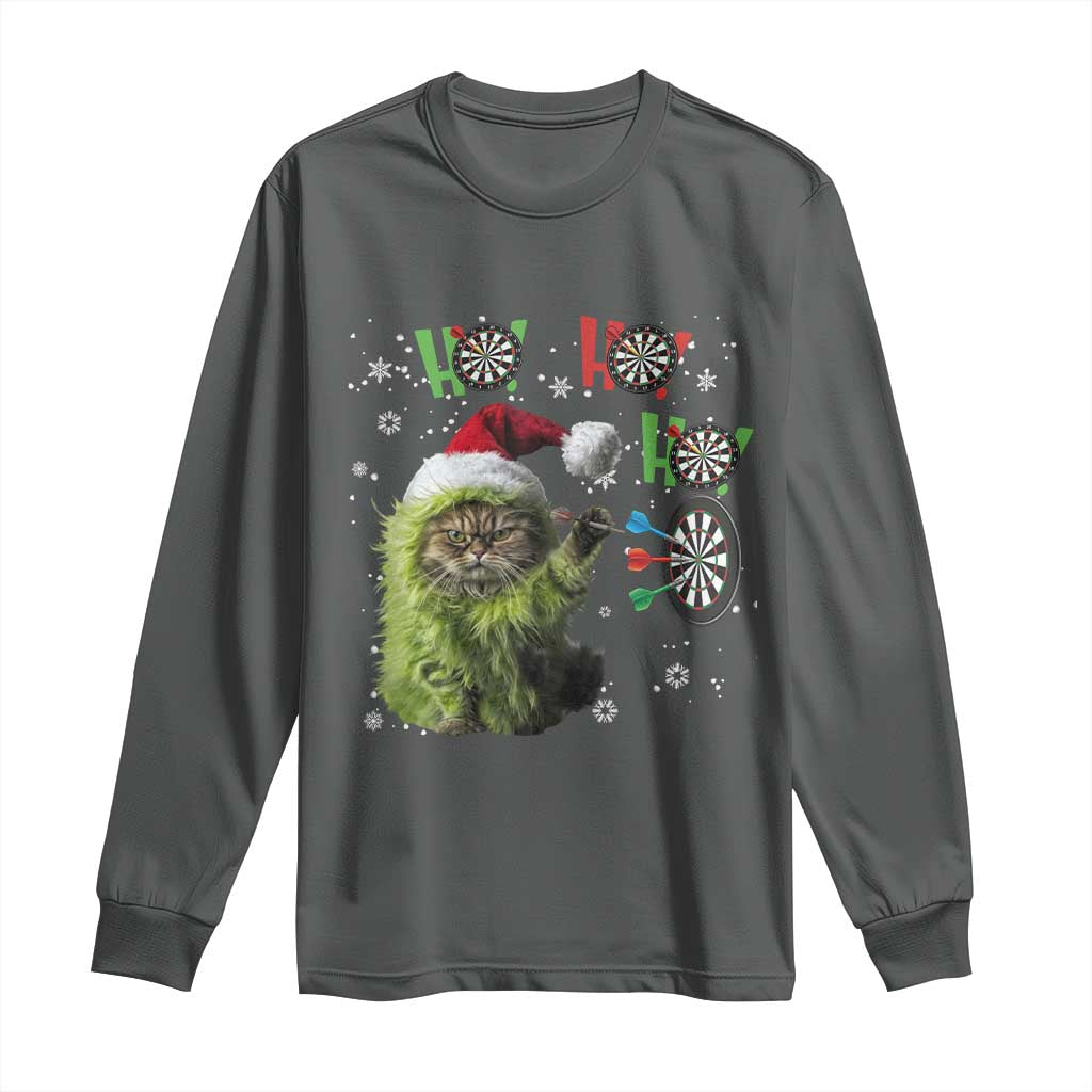 Funny Cat Throwing Dart Ho Ho Ho Long Sleeve Shirt Christmas Gift For Dart Player - Wonder Print Shop