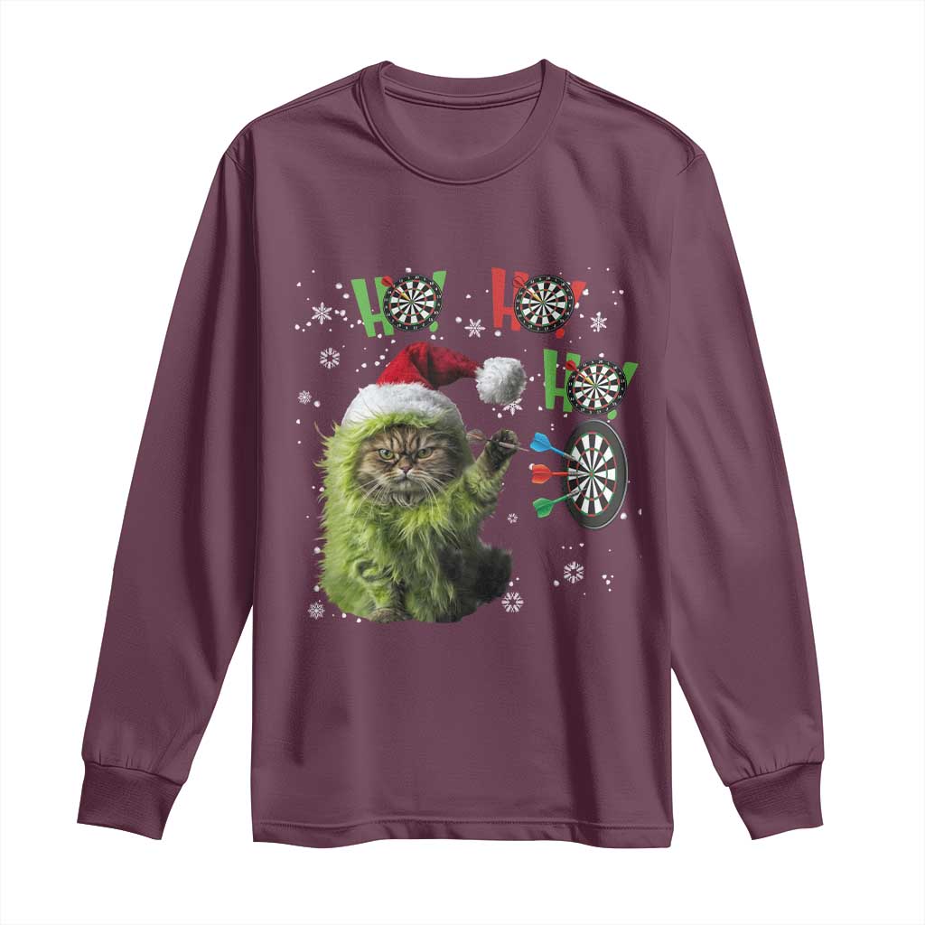 Funny Cat Throwing Dart Ho Ho Ho Long Sleeve Shirt Christmas Gift For Dart Player - Wonder Print Shop