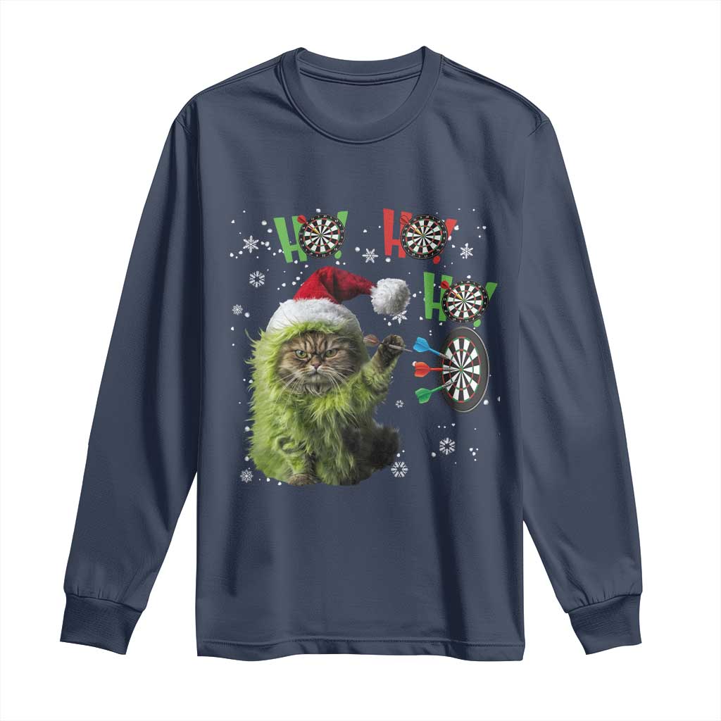 Funny Cat Throwing Dart Ho Ho Ho Long Sleeve Shirt Christmas Gift For Dart Player - Wonder Print Shop