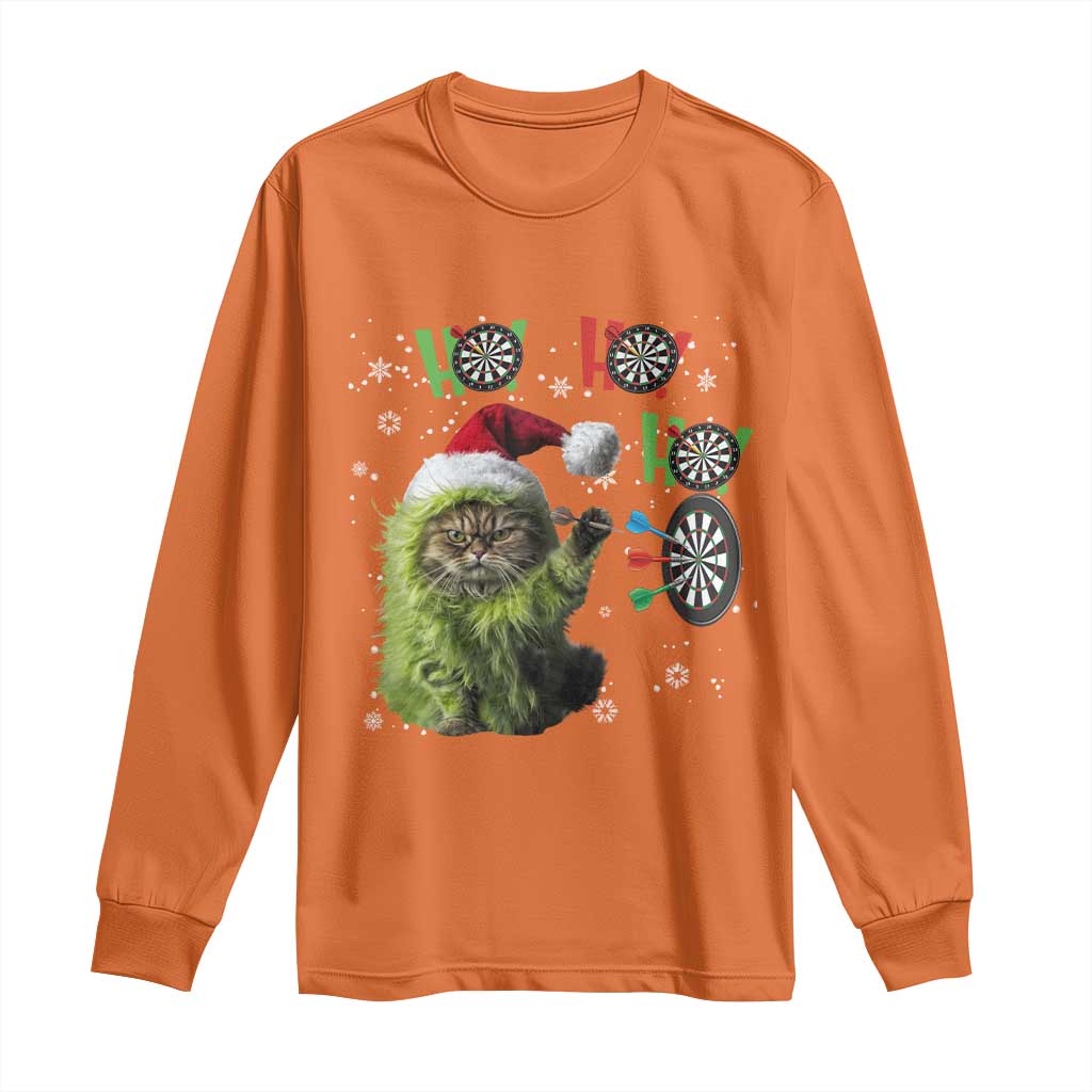 Funny Cat Throwing Dart Ho Ho Ho Long Sleeve Shirt Christmas Gift For Dart Player - Wonder Print Shop