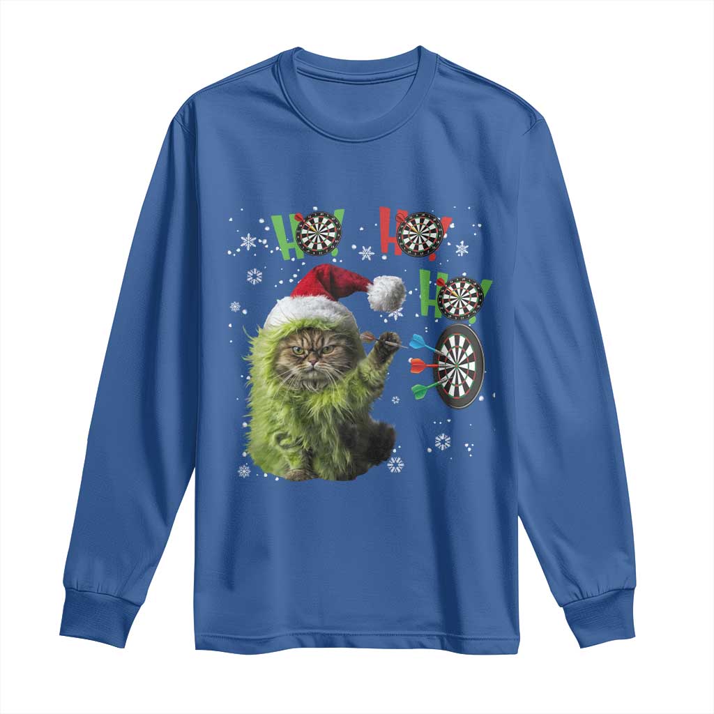Funny Cat Throwing Dart Ho Ho Ho Long Sleeve Shirt Christmas Gift For Dart Player - Wonder Print Shop