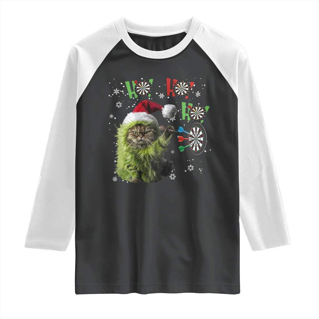Funny Cat Throwing Dart Ho Ho Ho Raglan Shirt Christmas Gift For Dart Player - Wonder Print Shop