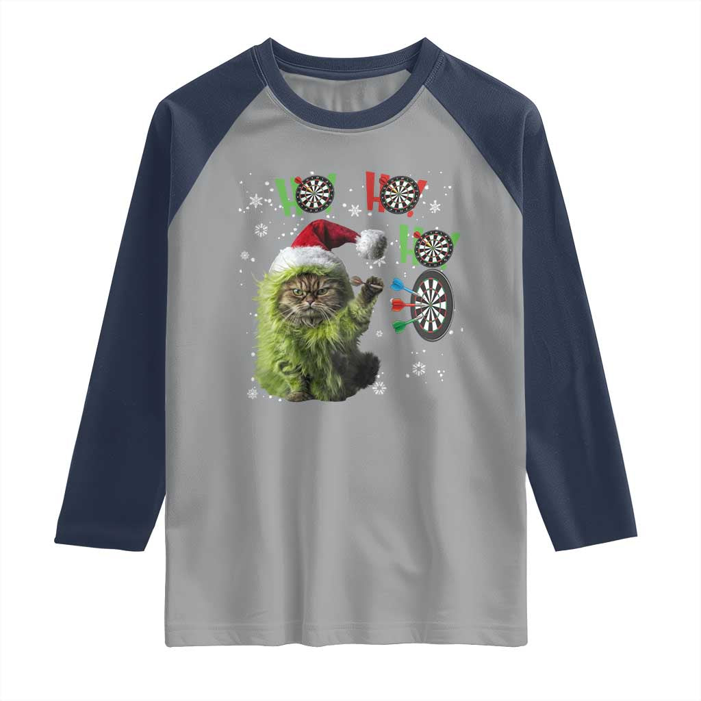 Funny Cat Throwing Dart Ho Ho Ho Raglan Shirt Christmas Gift For Dart Player - Wonder Print Shop