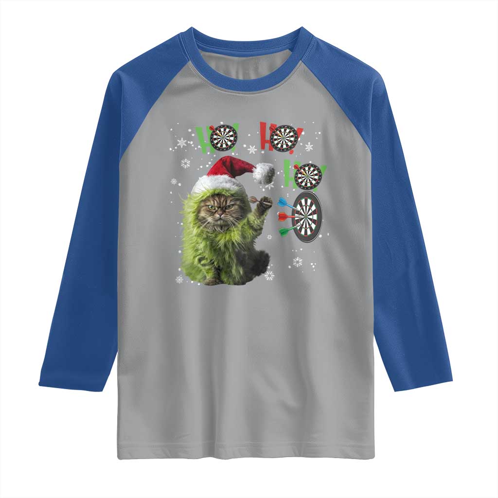 Funny Cat Throwing Dart Ho Ho Ho Raglan Shirt Christmas Gift For Dart Player - Wonder Print Shop