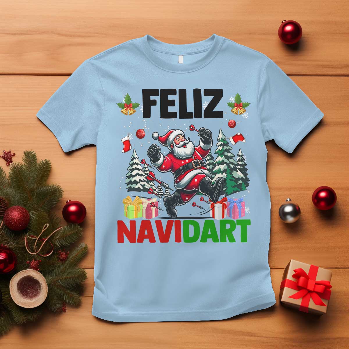 Dartist Feliz Navidart T Shirt Funny Santa Running From Darts Christmas Gift - Wonder Print Shop
