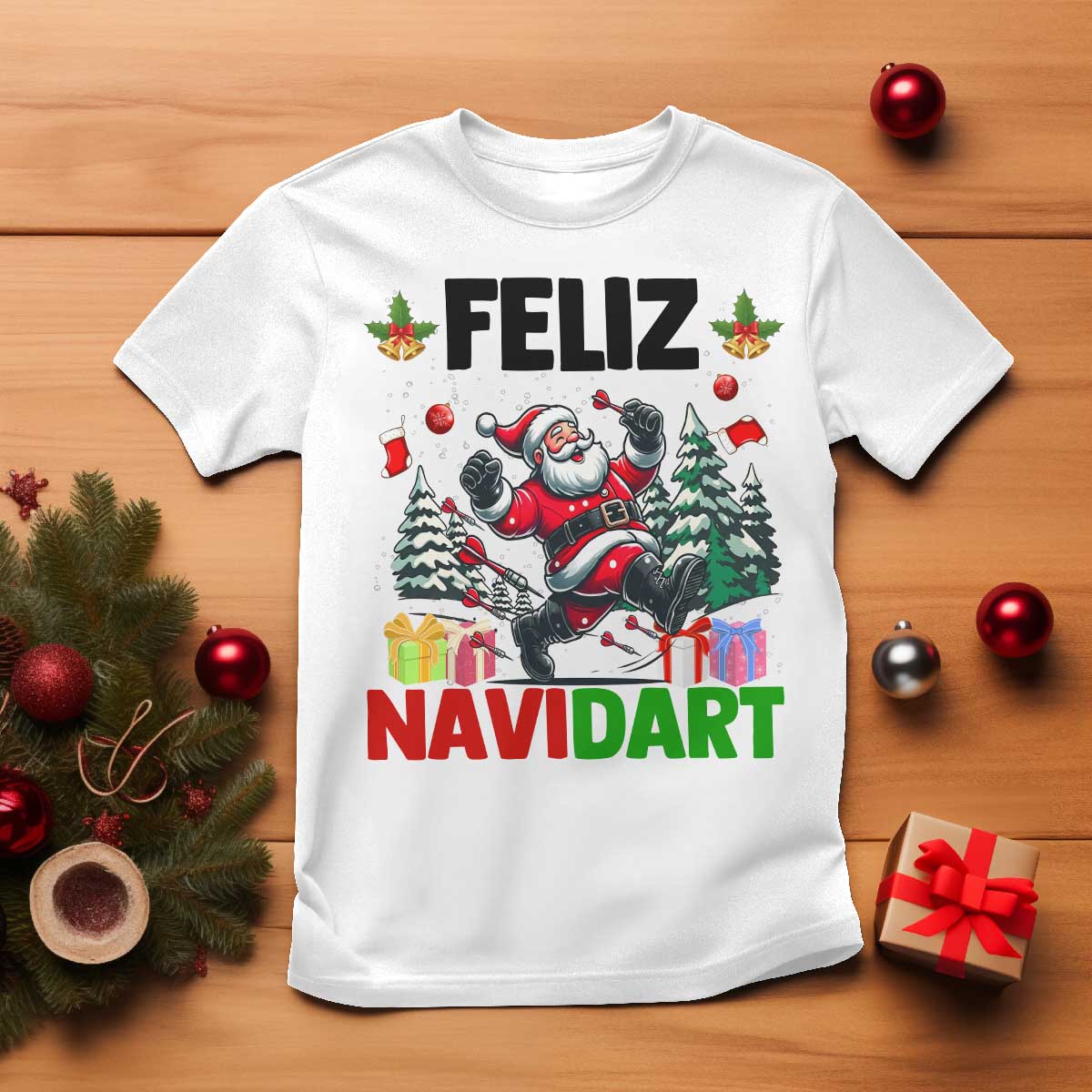 Dartist Feliz Navidart T Shirt Funny Santa Running From Darts Christmas Gift - Wonder Print Shop