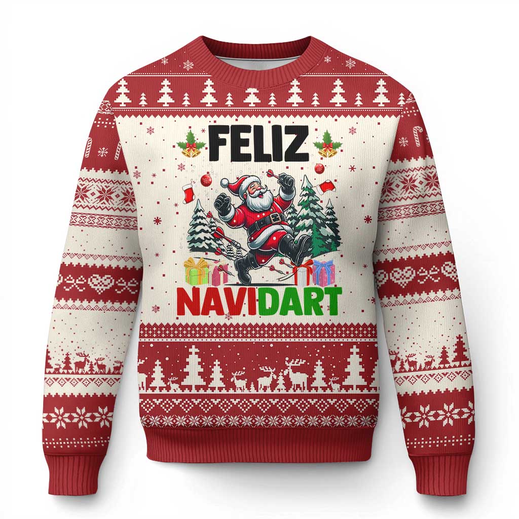 Dartist Feliz Navidart Ugly Christmas Sweater Funny Santa Running From Darts Xmas Gift - Wonder Print Shop