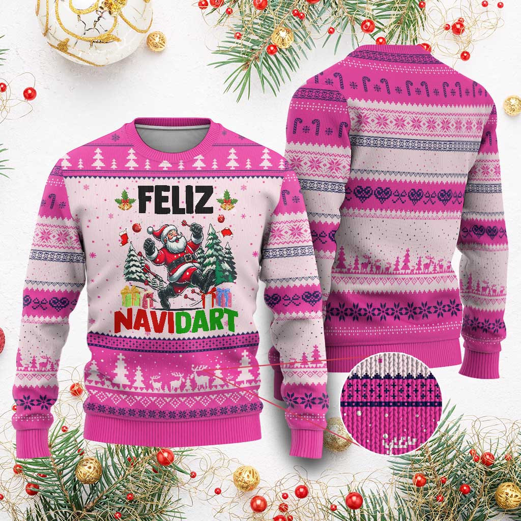 Dartist Feliz Navidart Ugly Christmas Sweater Funny Santa Running From Darts Xmas Gift - Wonder Print Shop