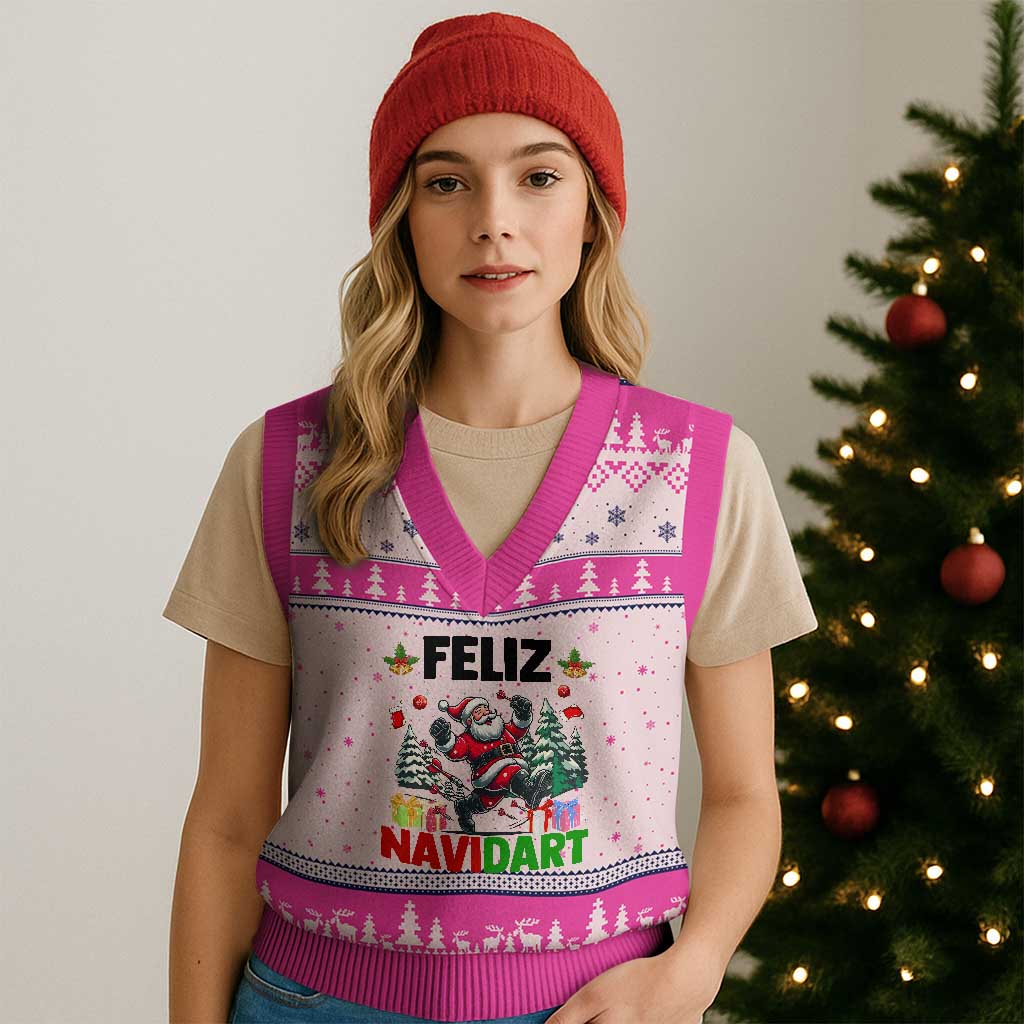 Dartist Feliz Navidart V-Neck Knit Sweater Vest Funny Santa Running From Darts Xmas Gift - Wonder Print Shop