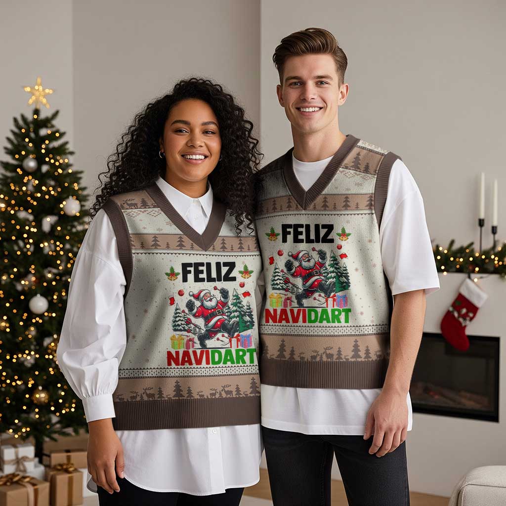 Dartist Feliz Navidart V-Neck Knit Sweater Vest Funny Santa Running From Darts Xmas Gift - Wonder Print Shop