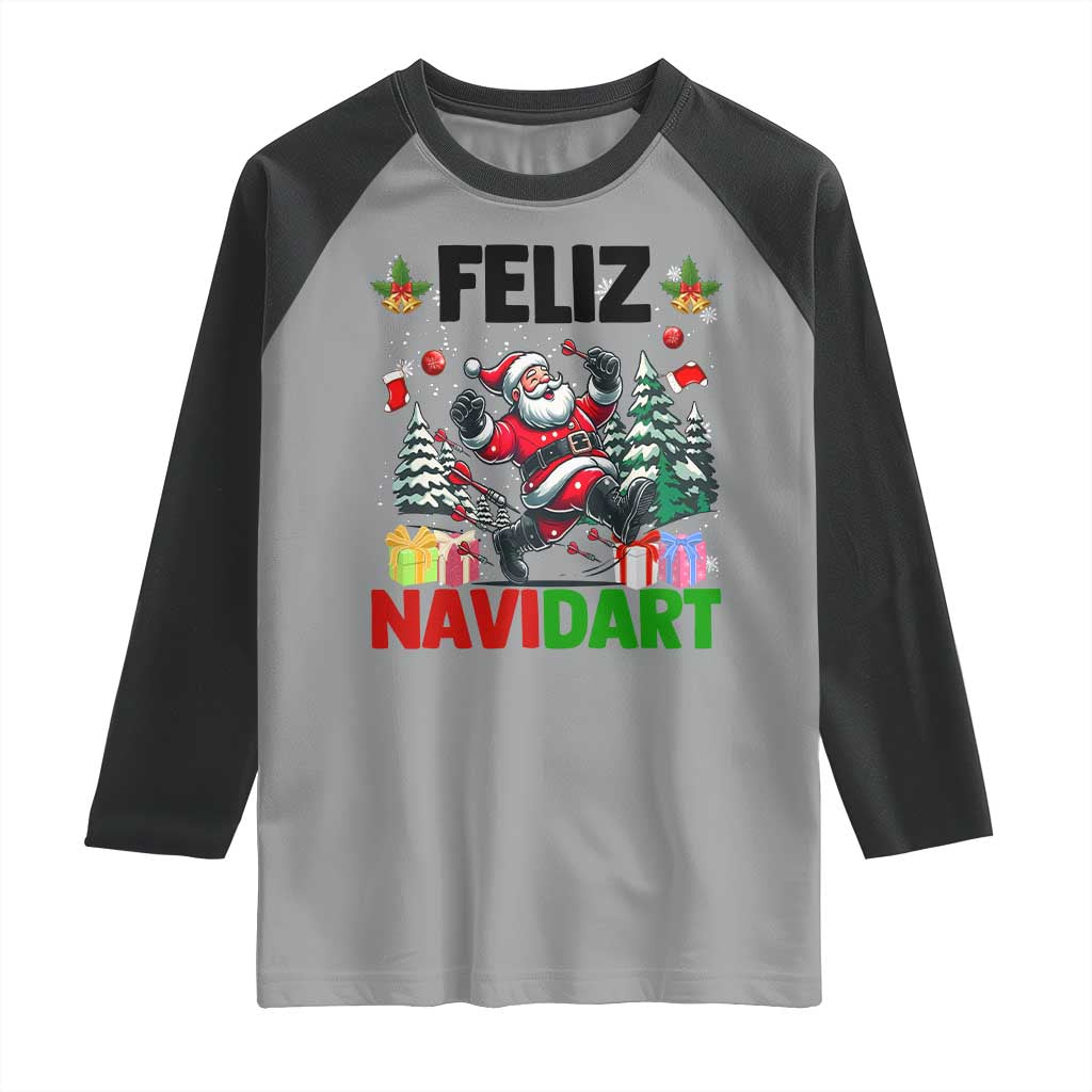 Dartist Feliz Navidart Raglan Shirt Funny Santa Running From Darts Christmas Gift - Wonder Print Shop
