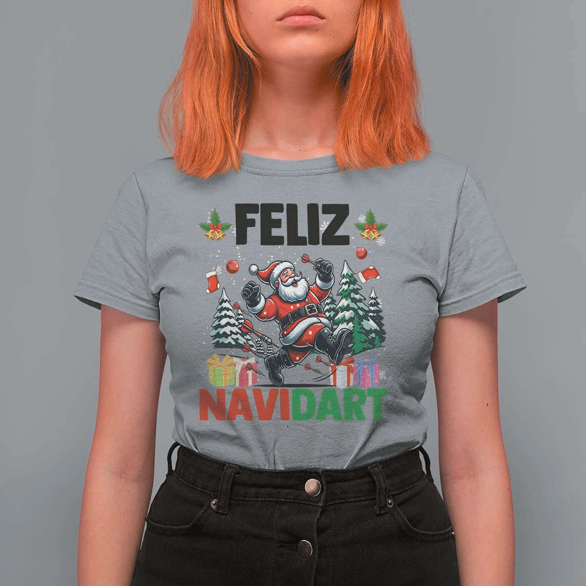 Dartist Feliz Navidart T Shirt For Women Funny Santa Running From Darts Christmas Gift - Wonder Print Shop