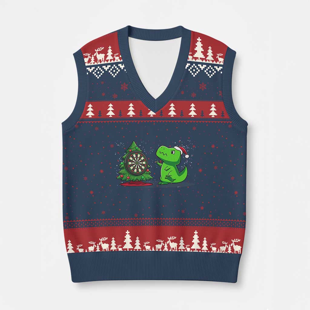 Christmas Dinosaur Dart Player V-Neck Knit Sweater Vest Funny Dino Lover - Wonder Print Shop
