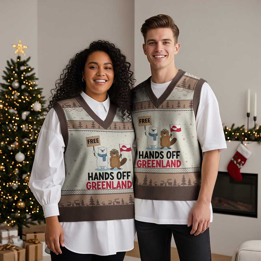 Funny Polar Bear Political Protest V-Neck Knit Sweater Vest Hands Off Greenland