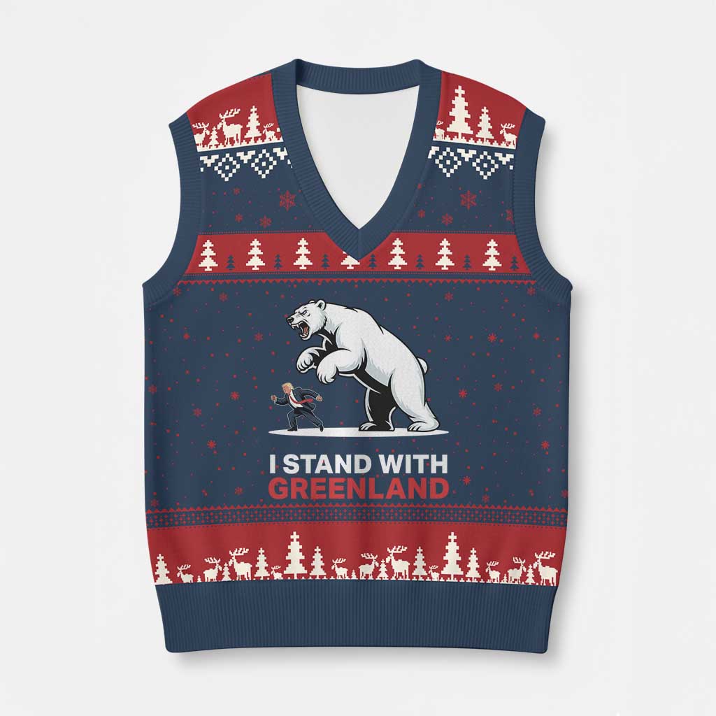 I Stand With Greenland V-Neck Knit Sweater Vest Anti Fascist Political Parody Gift