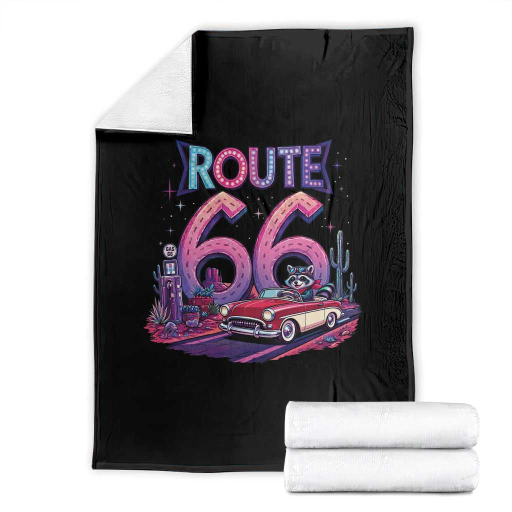 Route Highway 66 Americana Adventure Throw Blanket Cute Raccoon Driving Car