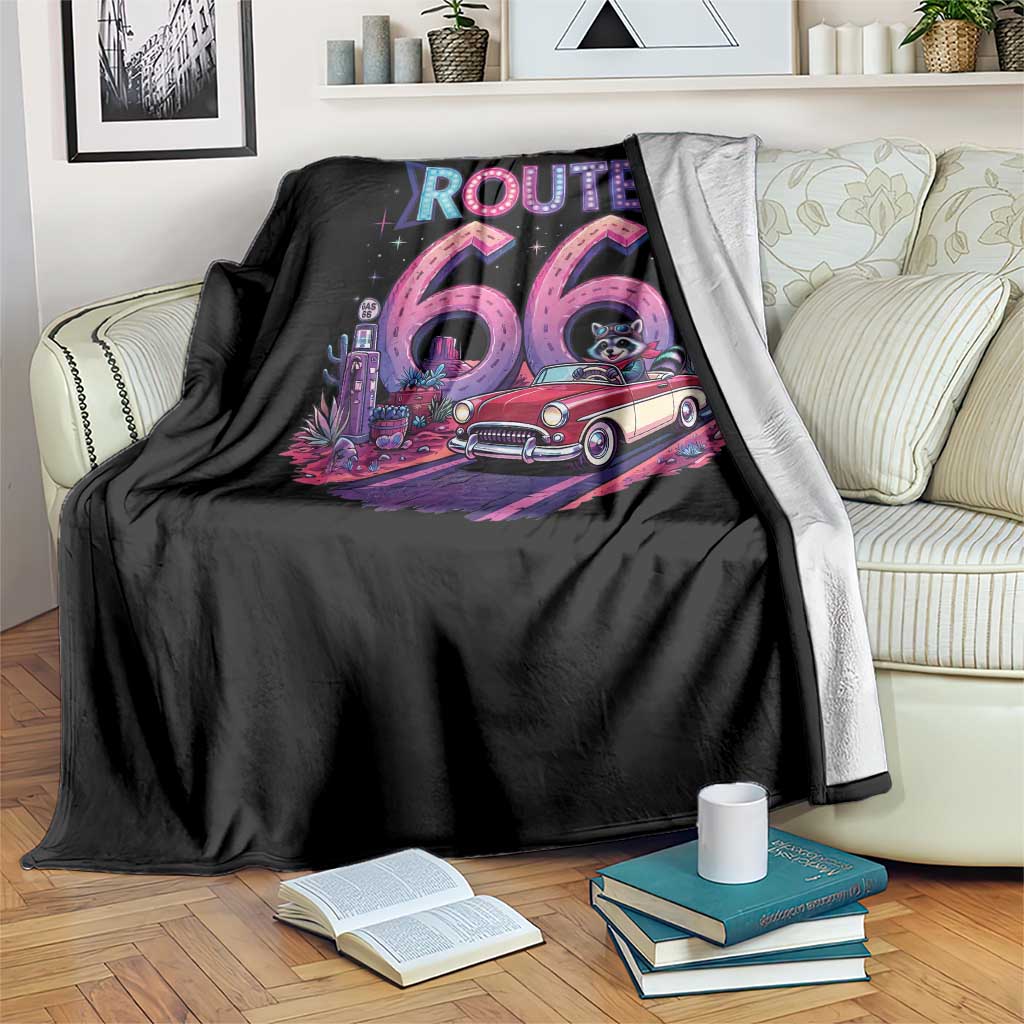 Route Highway 66 Americana Adventure Throw Blanket Cute Raccoon Driving Car