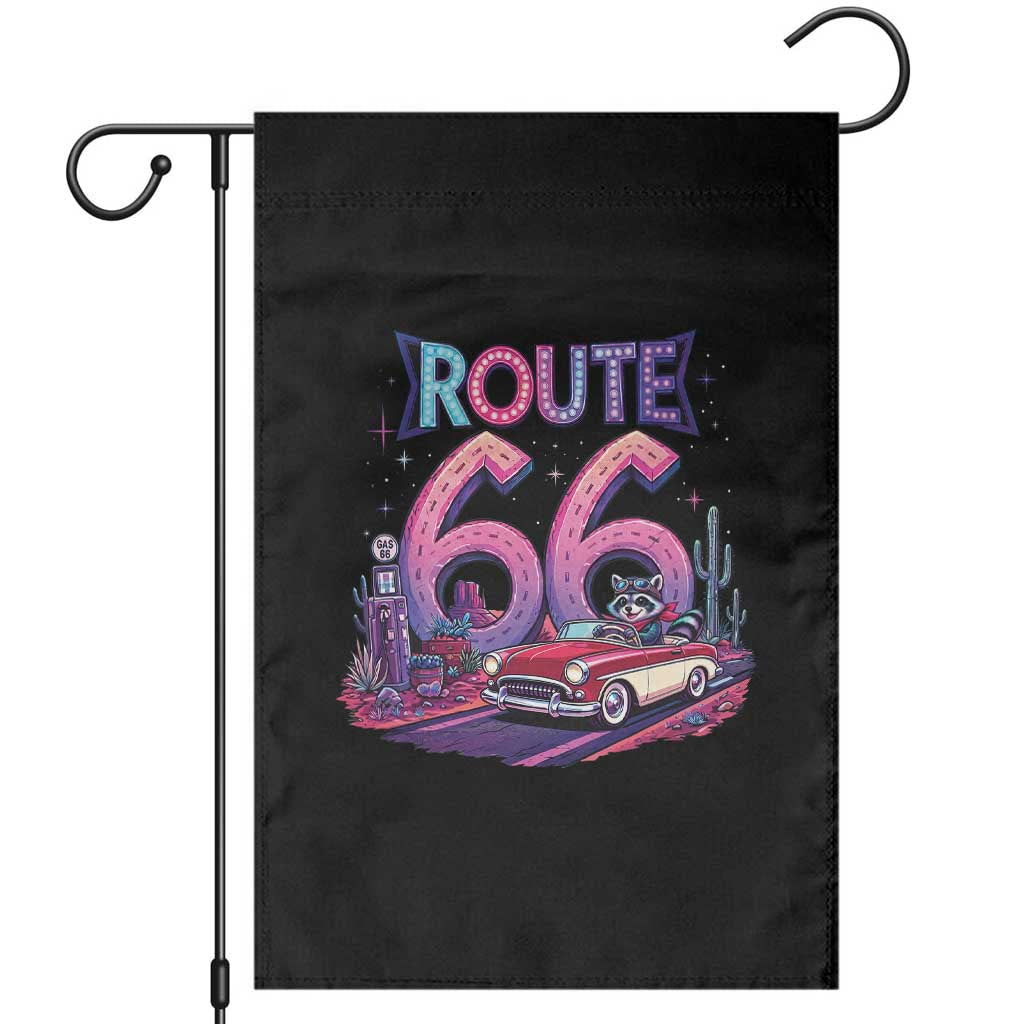 Route Highway 66 Americana Adventure Garden Flag Cute Raccoon Driving Car
