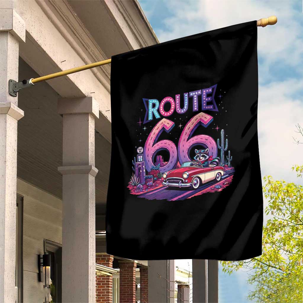Route Highway 66 Americana Adventure Garden Flag Cute Raccoon Driving Car