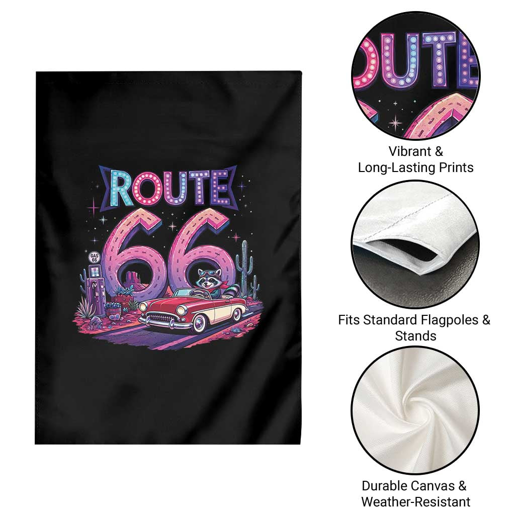 Route Highway 66 Americana Adventure Garden Flag Cute Raccoon Driving Car