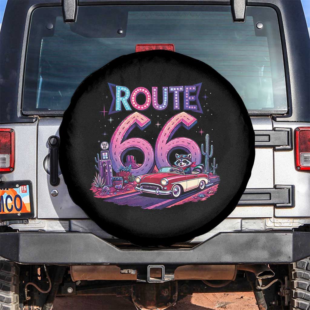 Route Highway 66 Americana Adventure Spare Tire Cover Cute Raccoon Driving Car