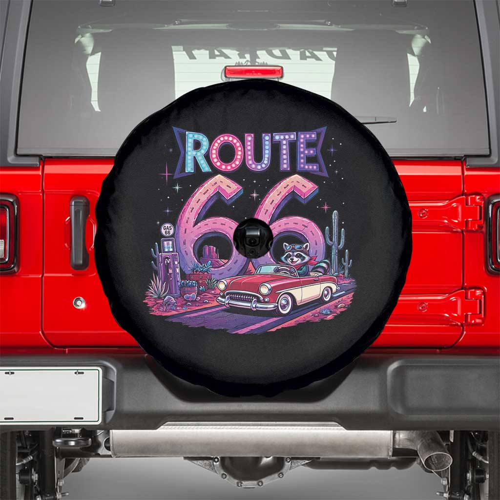 Route Highway 66 Americana Adventure Spare Tire Cover Cute Raccoon Driving Car