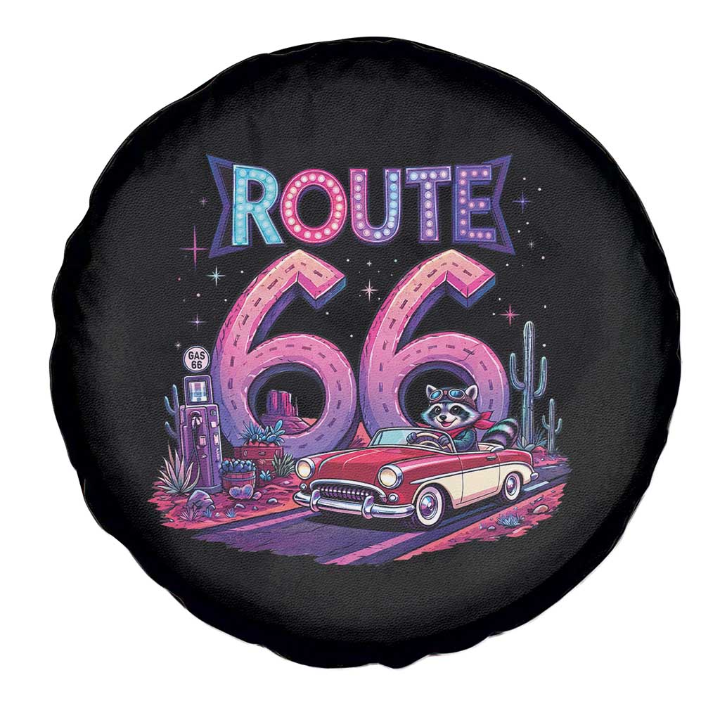 Route Highway 66 Americana Adventure Spare Tire Cover Cute Raccoon Driving Car