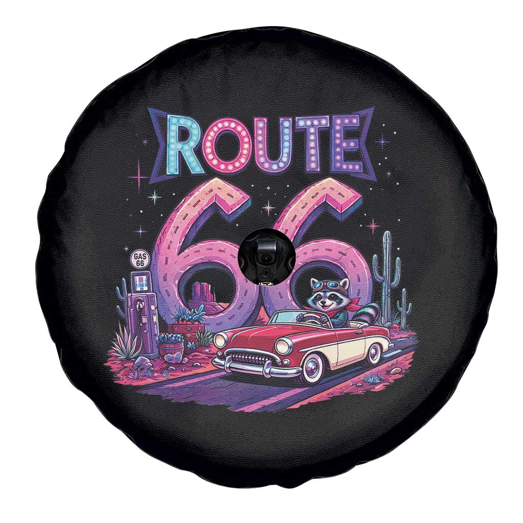 Route Highway 66 Americana Adventure Spare Tire Cover Cute Raccoon Driving Car