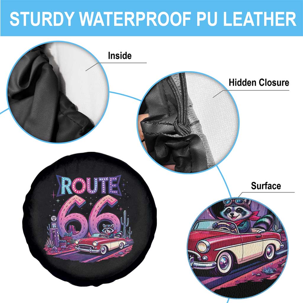Route Highway 66 Americana Adventure Spare Tire Cover Cute Raccoon Driving Car