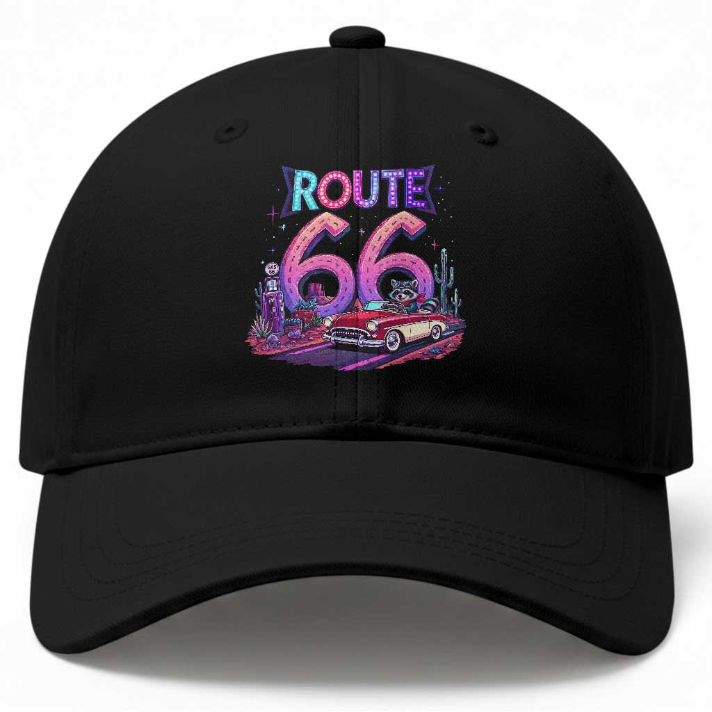 Route Highway 66 Americana Adventure Baseball Cap Cute Raccoon Driving Car