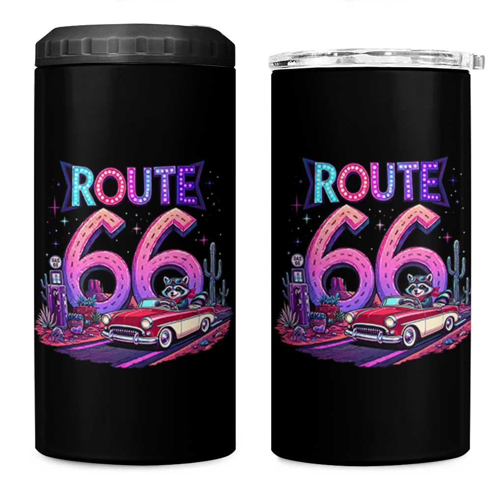 Route Highway 66 Americana Adventure 4 in 1 Can Cooler Tumbler Cute Raccoon Driving Car