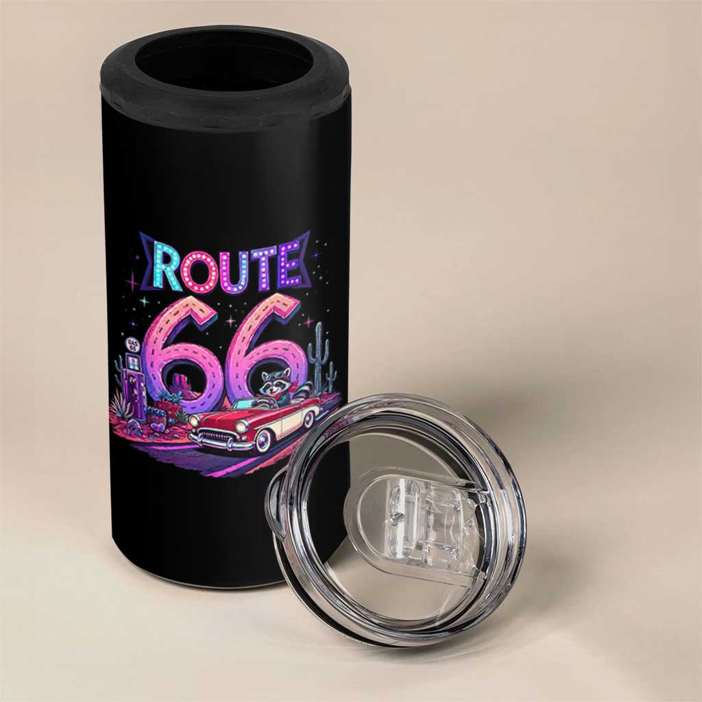 Route Highway 66 Americana Adventure 4 in 1 Can Cooler Tumbler Cute Raccoon Driving Car