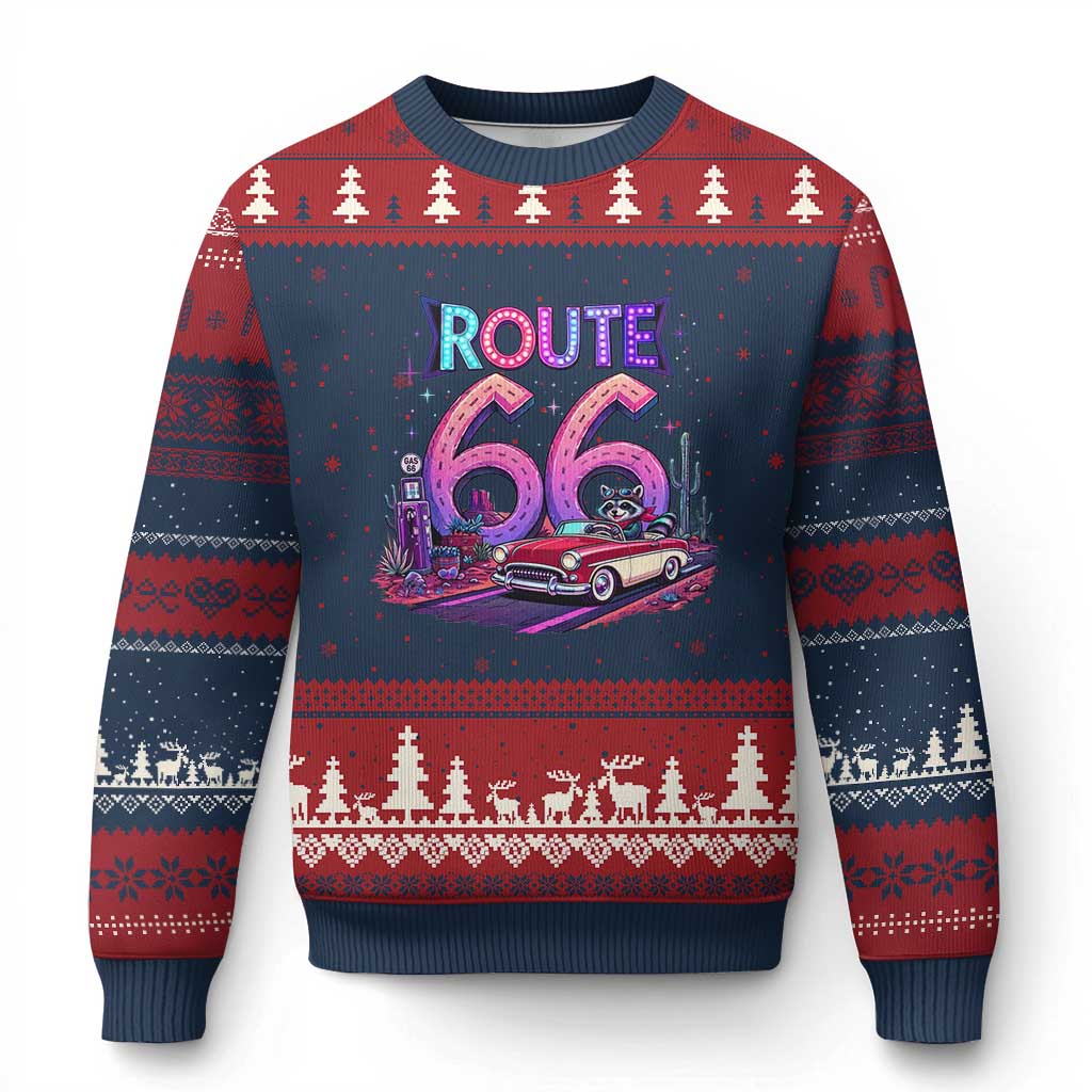 Route Highway 66 Americana Adventure Ugly Christmas Sweater Cute Raccoon Driving Car