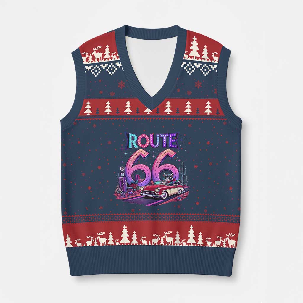 Route Highway 66 Americana Adventure V-Neck Knit Sweater Vest Cute Raccoon Driving Car
