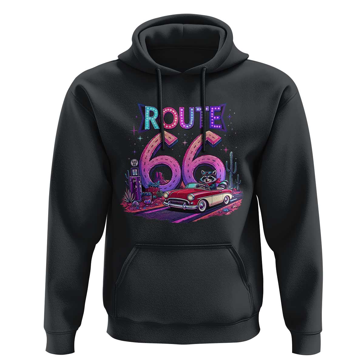 Route Highway 66 Americana Adventure Hoodie Cute Raccoon Driving Car