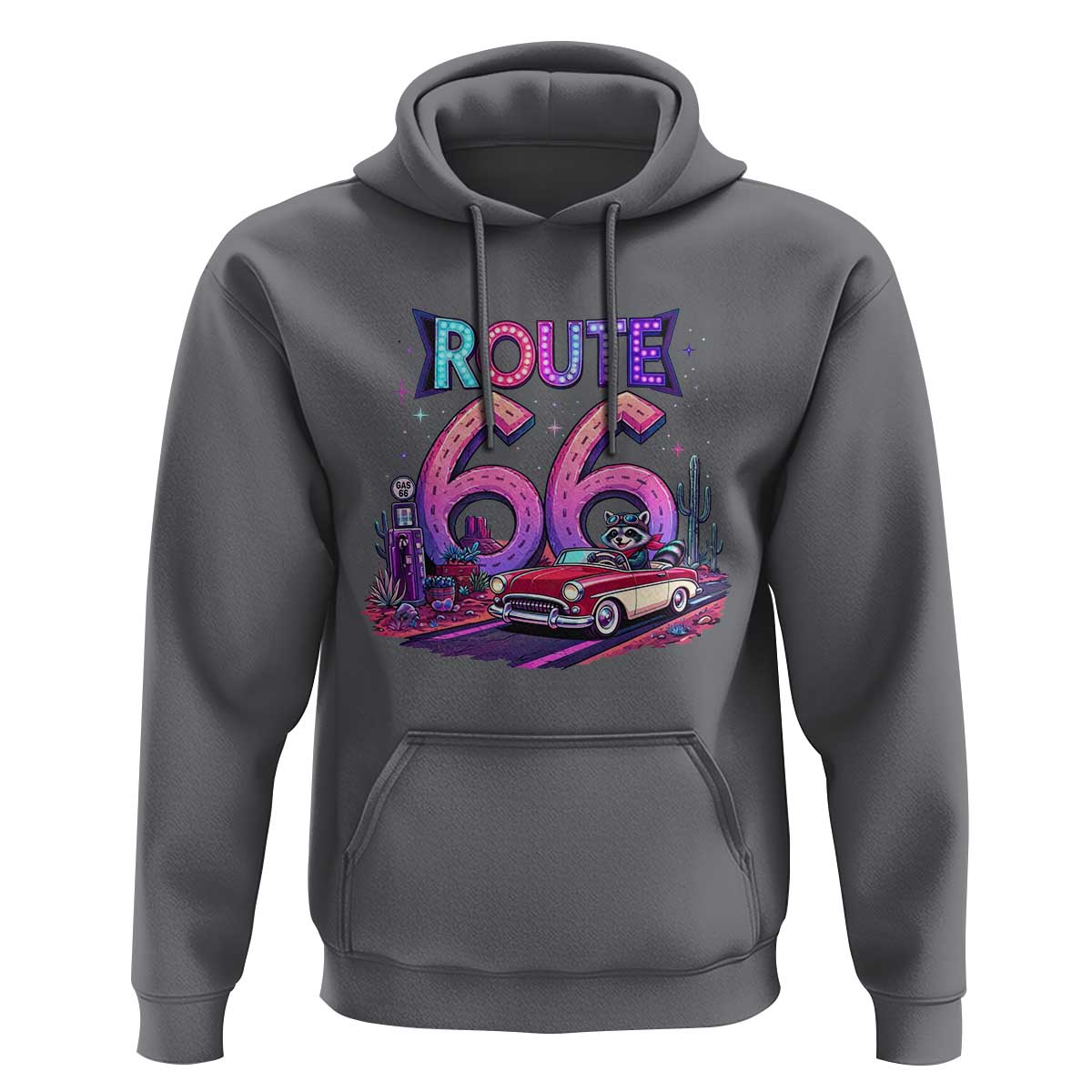Route Highway 66 Americana Adventure Hoodie Cute Raccoon Driving Car