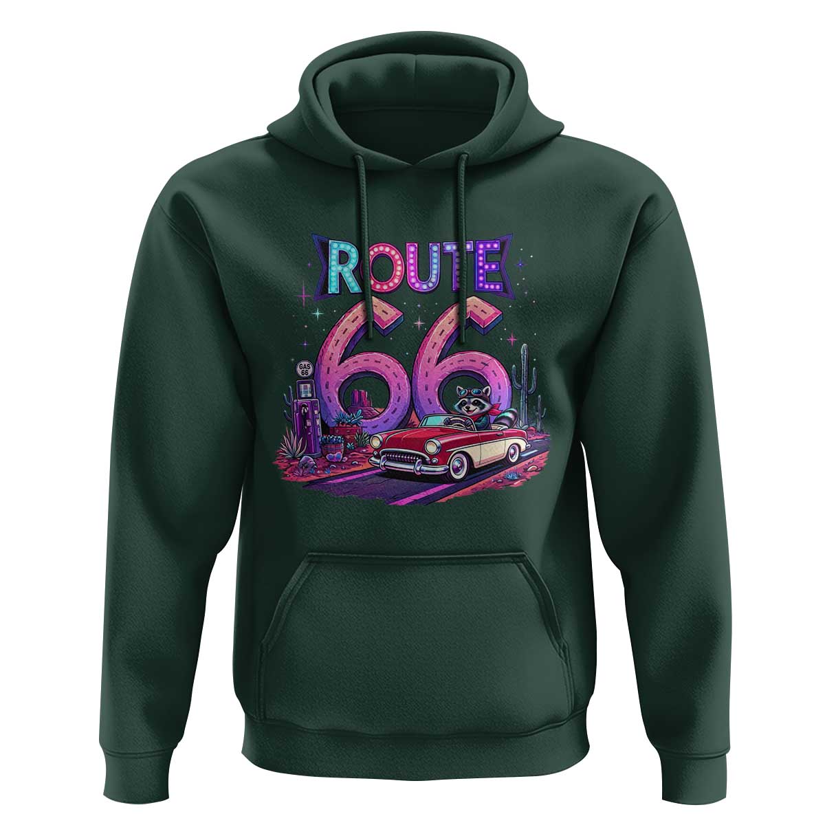 Route Highway 66 Americana Adventure Hoodie Cute Raccoon Driving Car