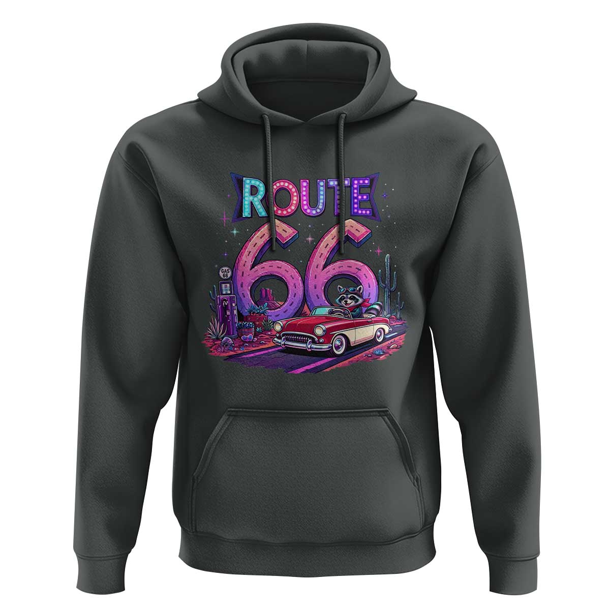 Route Highway 66 Americana Adventure Hoodie Cute Raccoon Driving Car