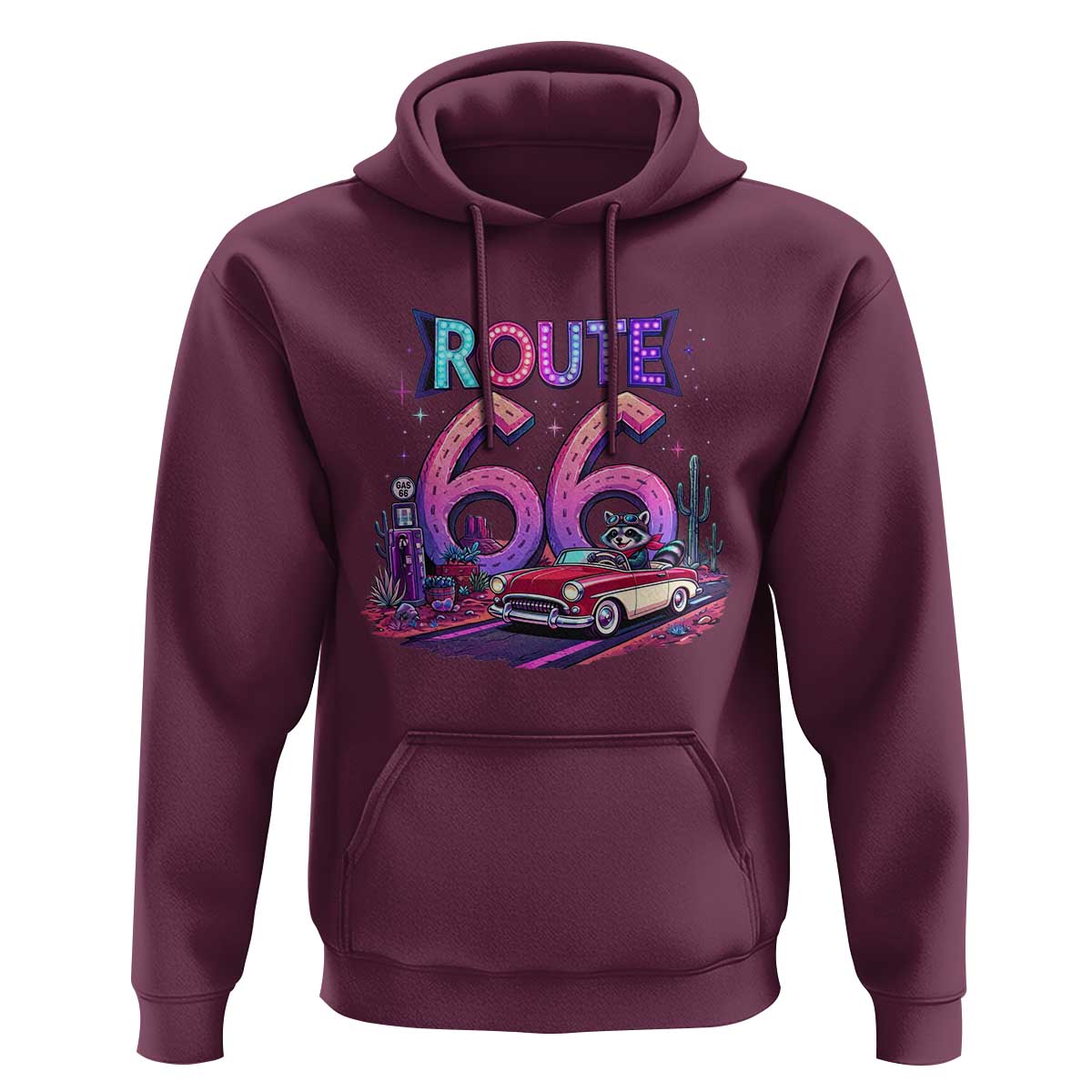 Route Highway 66 Americana Adventure Hoodie Cute Raccoon Driving Car