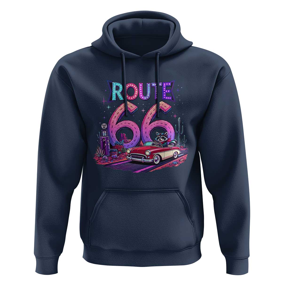 Route Highway 66 Americana Adventure Hoodie Cute Raccoon Driving Car