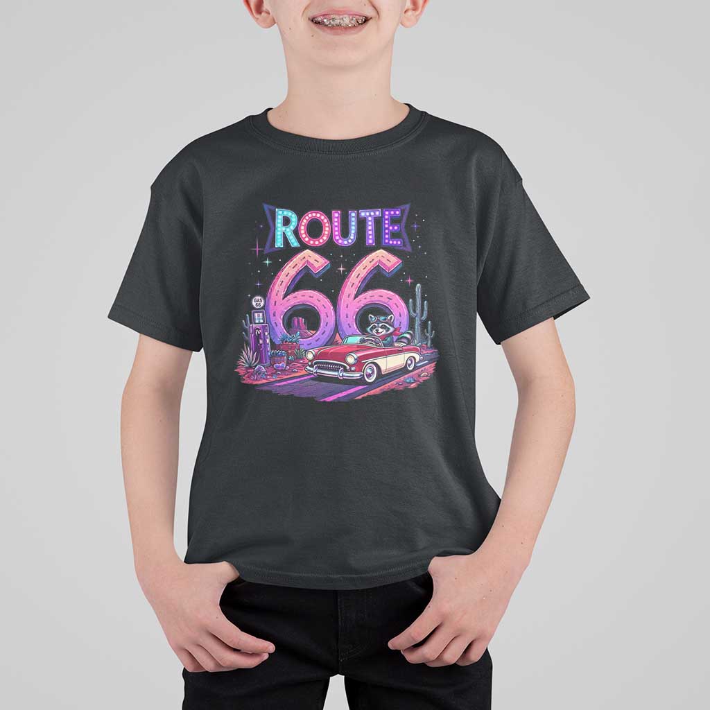 Route Highway 66 Americana Adventure T Shirt For Kid Cute Raccoon Driving Car