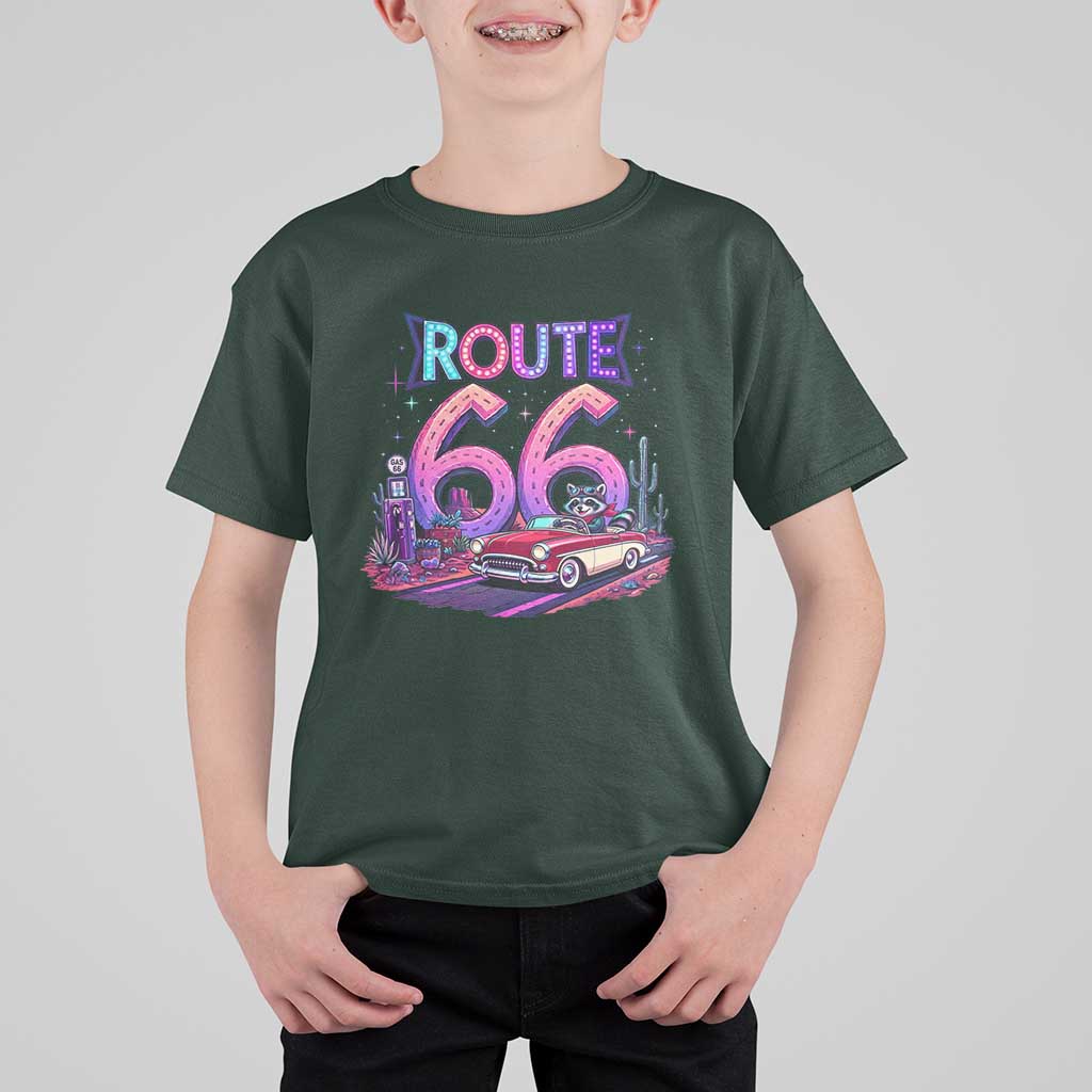Route Highway 66 Americana Adventure T Shirt For Kid Cute Raccoon Driving Car
