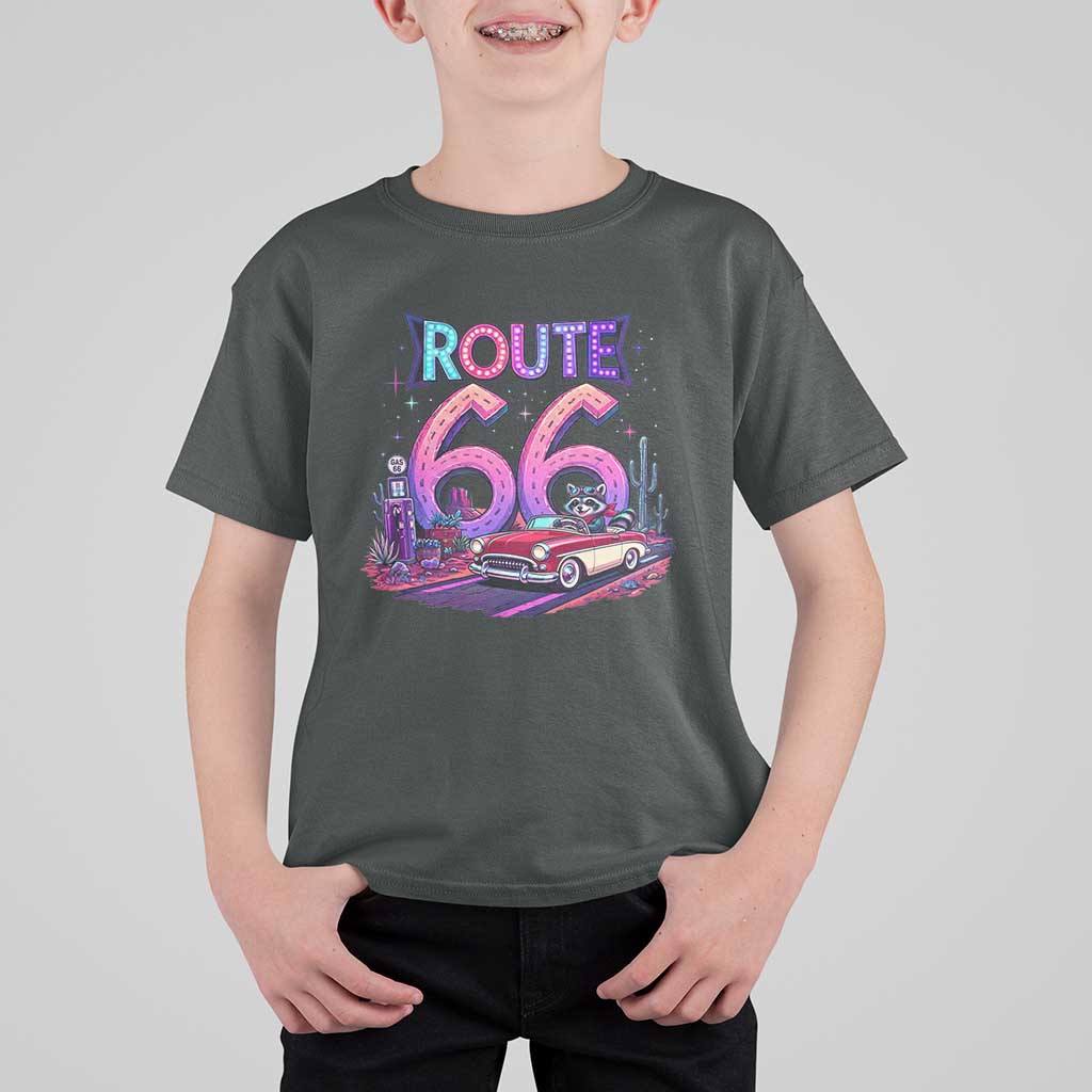 Route Highway 66 Americana Adventure T Shirt For Kid Cute Raccoon Driving Car