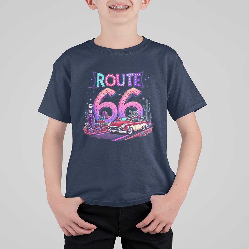 Route Highway 66 Americana Adventure T Shirt For Kid Cute Raccoon Driving Car