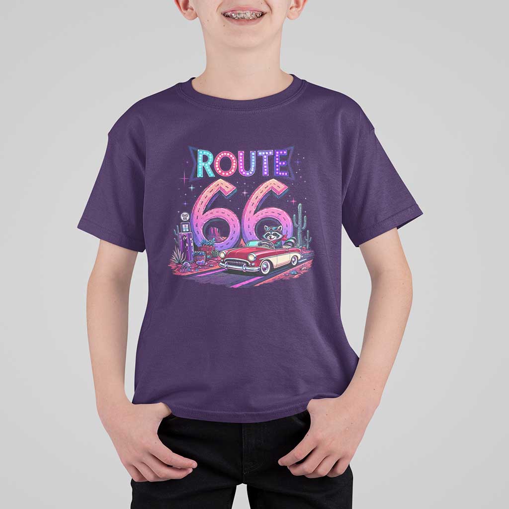 Route Highway 66 Americana Adventure T Shirt For Kid Cute Raccoon Driving Car