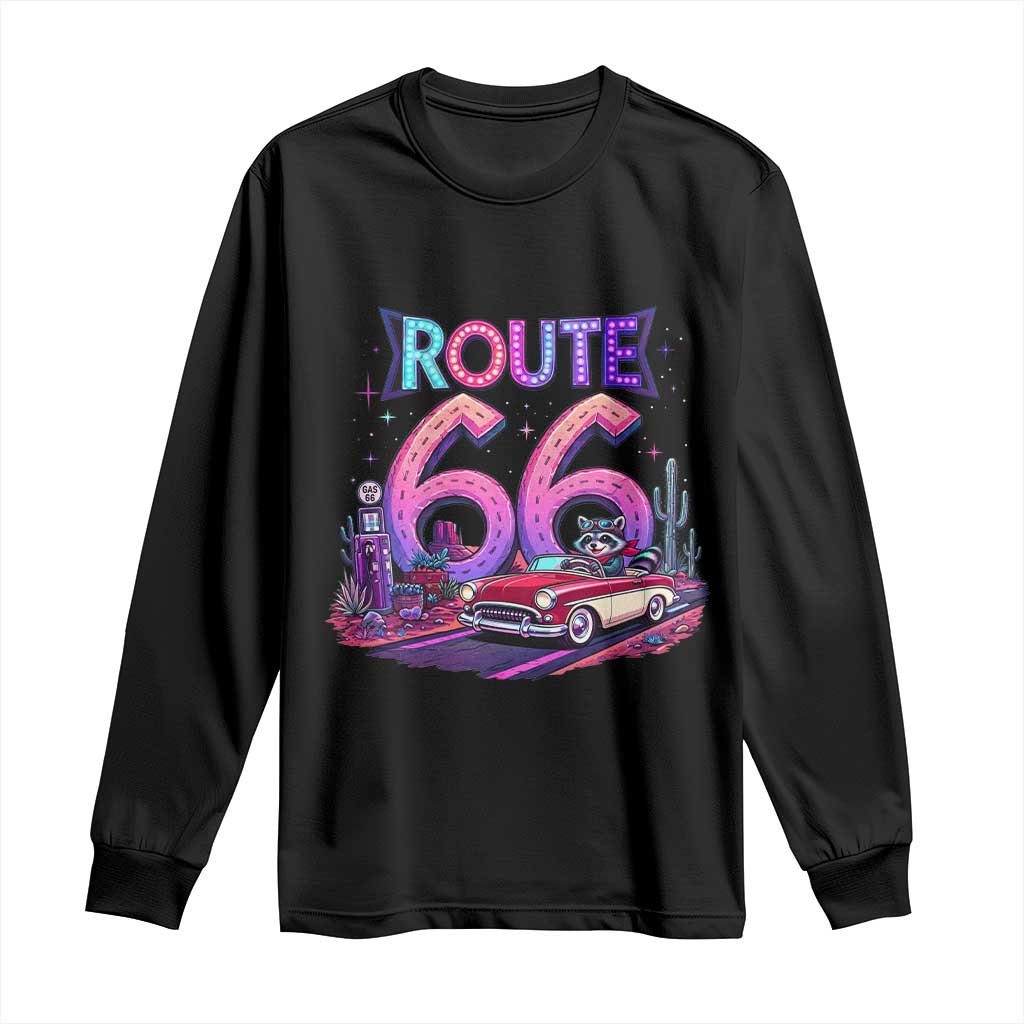 Route Highway 66 Americana Adventure Long Sleeve Shirt Cute Raccoon Driving Car