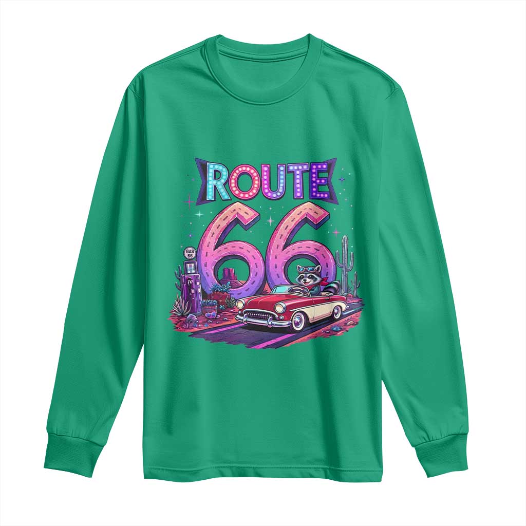 Route Highway 66 Americana Adventure Long Sleeve Shirt Cute Raccoon Driving Car