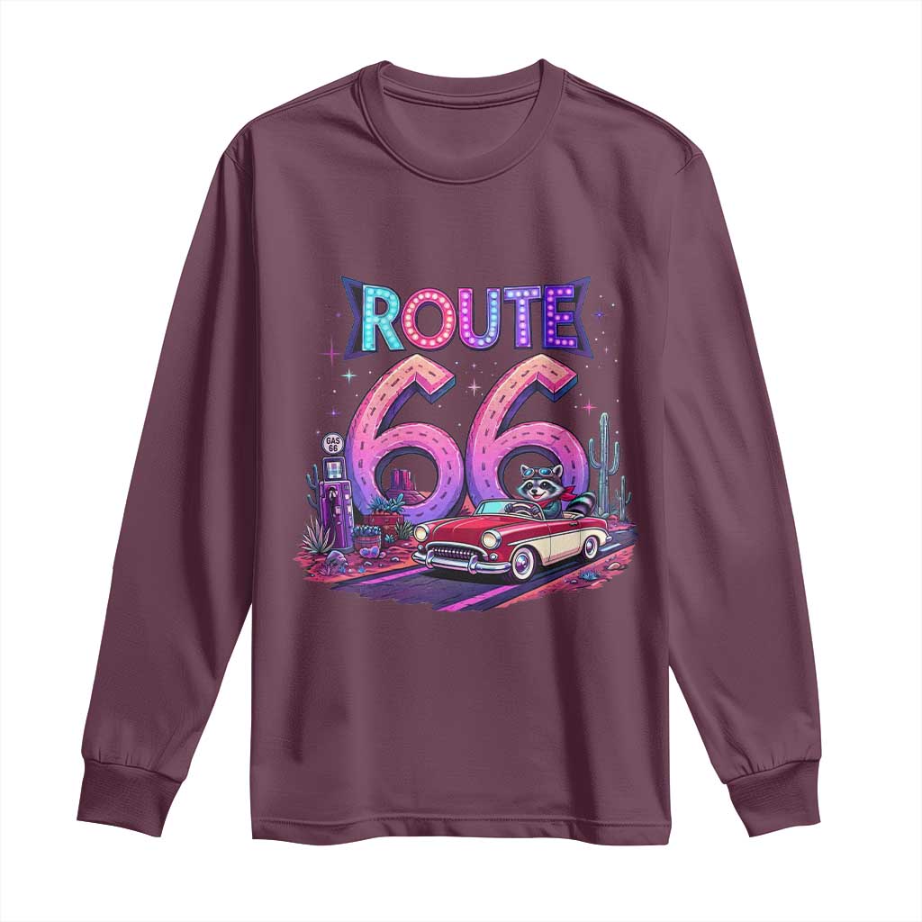 Route Highway 66 Americana Adventure Long Sleeve Shirt Cute Raccoon Driving Car