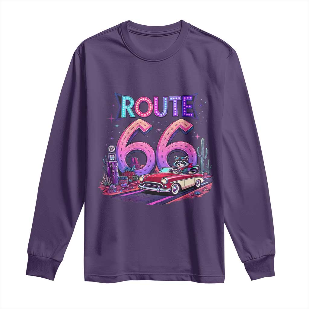 Route Highway 66 Americana Adventure Long Sleeve Shirt Cute Raccoon Driving Car