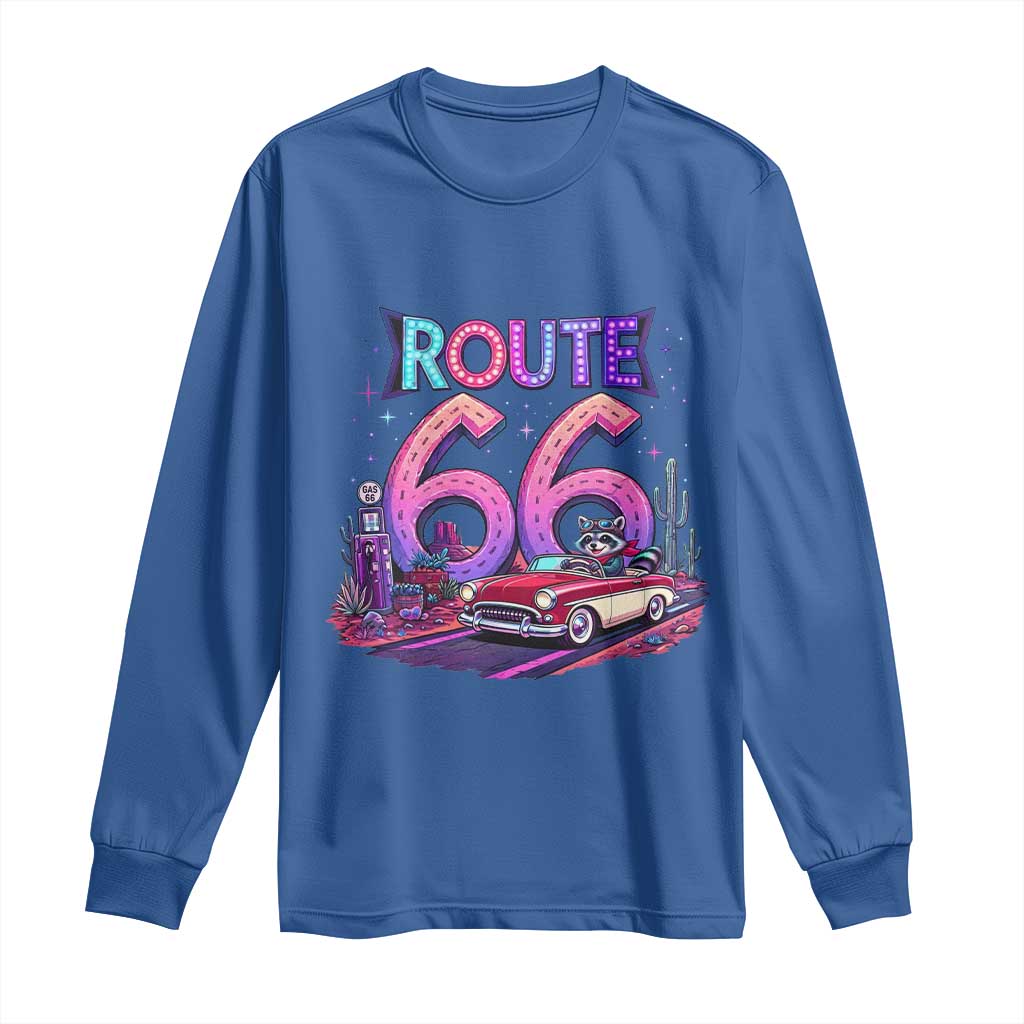 Route Highway 66 Americana Adventure Long Sleeve Shirt Cute Raccoon Driving Car